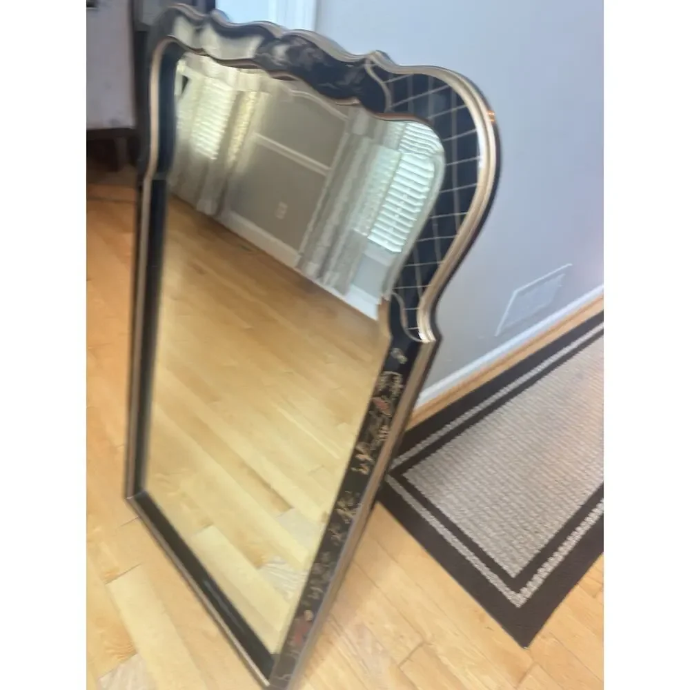 Chinoiserie Black Lacquer Mirror Gold Asian Pagoda Beveled Wall Mirror 43x25”